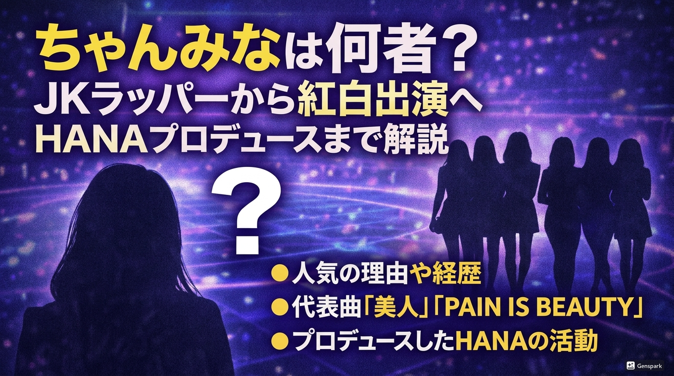 ちゃんみなの経歴と人気の理由を解説する記事のアイキャッチ。紫色のステージ風背景に人物シルエットとグループのシルエットが配置され、「ちゃんみなは何者？JKラッパーから紅白出演へ」「HANAプロデュースまで解説」などの文字が大きく表示されている。