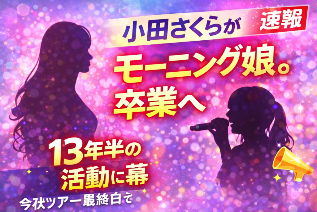 小田さくらがモーニング娘。卒業を発表したニュース記事のアイキャッチ。女性アイドルのシルエットとマイクを持つシルエットを背景に「モーニング娘。卒業へ」「13年半の活動に幕」と大きく表示されたデザイン。