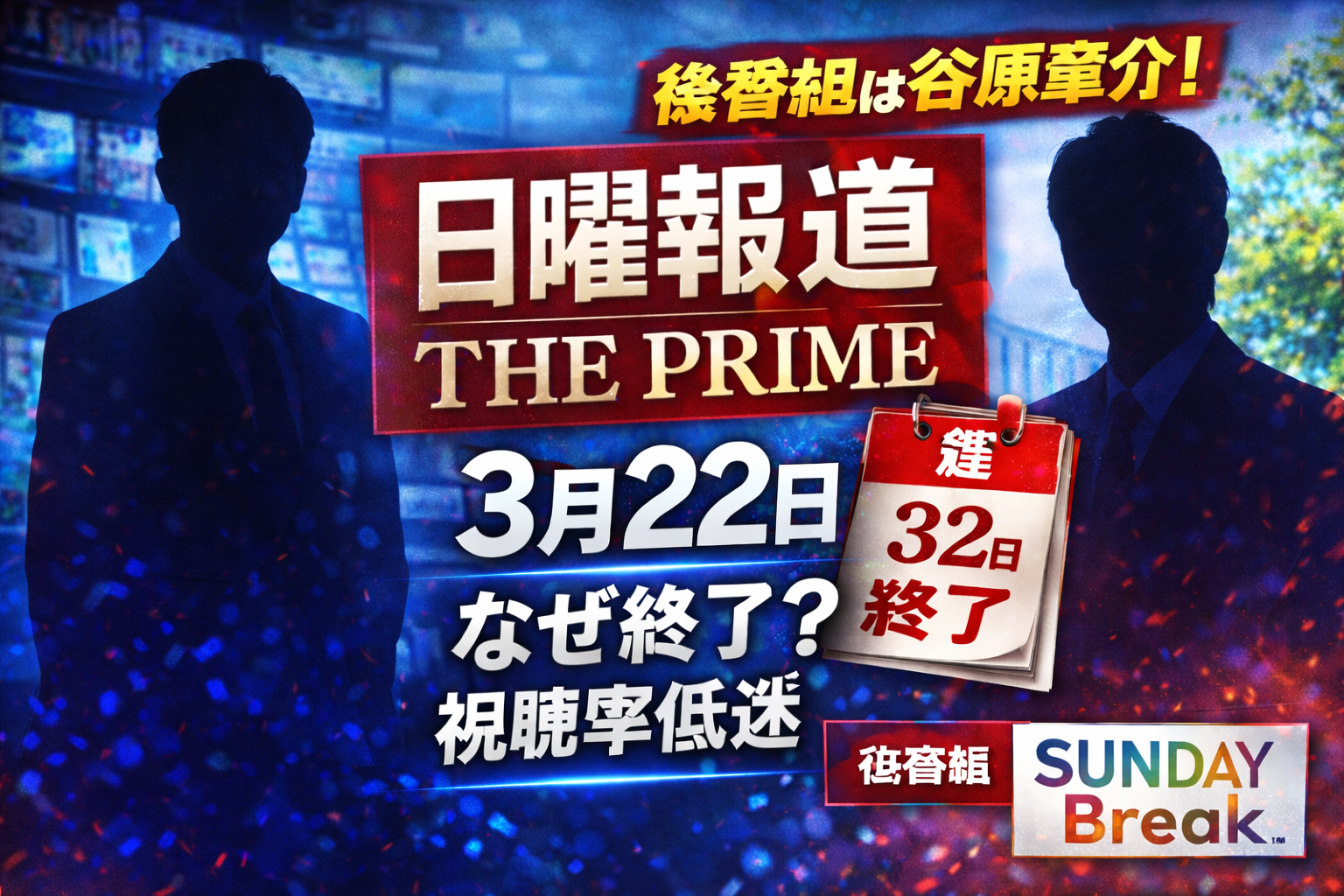 日曜報道 THE PRIMEが2026年3月22日で終了するニュースのアイキャッチ。ニューススタジオ風の青い背景に人物シルエットと「日曜報道 THE PRIME」「3月22日終了」「なぜ終了？視聴率低迷」「後番組SUNDAYブレイク」と表示されたデザイン。