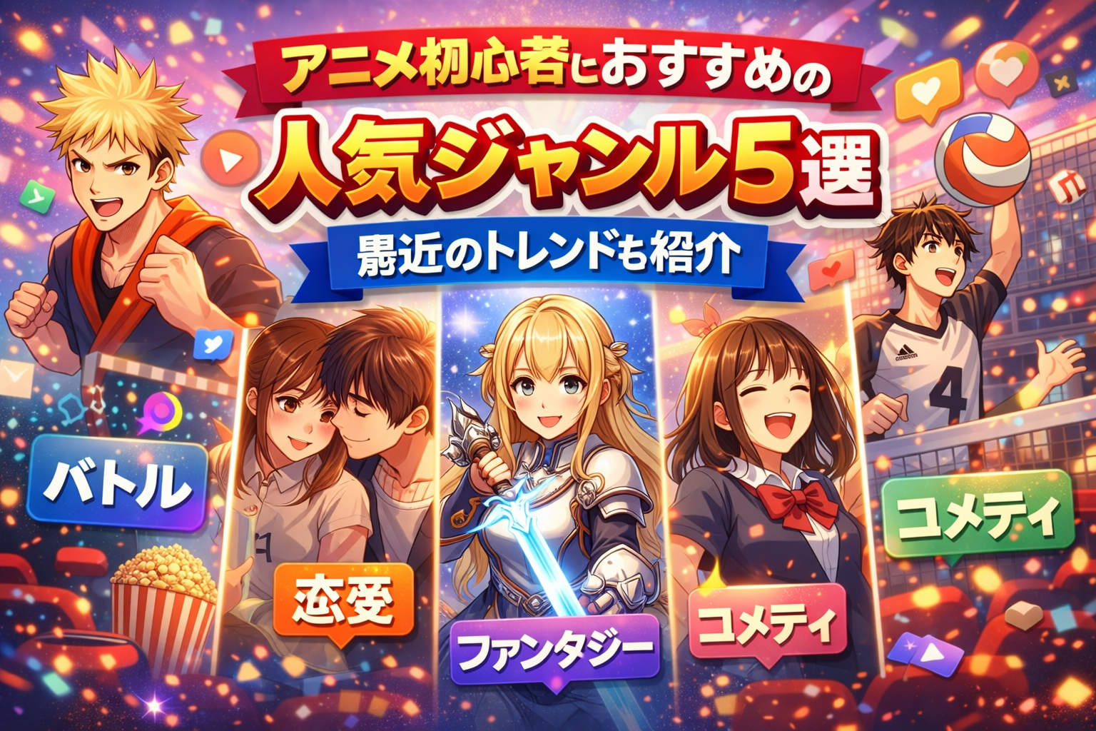 アニメ初心者におすすめの人気ジャンル5選を紹介するアイキャッチ画像