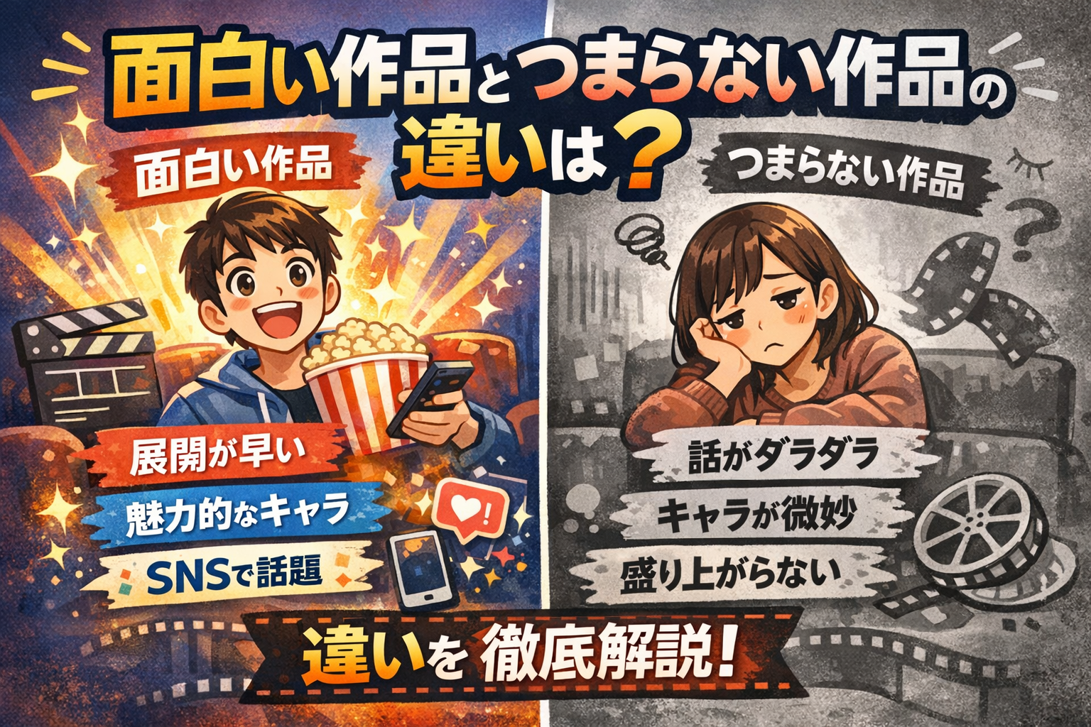 面白い作品とつまらない作品の違いを比較して解説するアイキャッチ画像