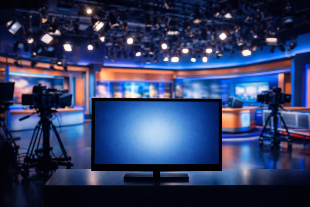 トーク番組のスタジオで出演者が会話する様子をシルエットで表現したイメージ