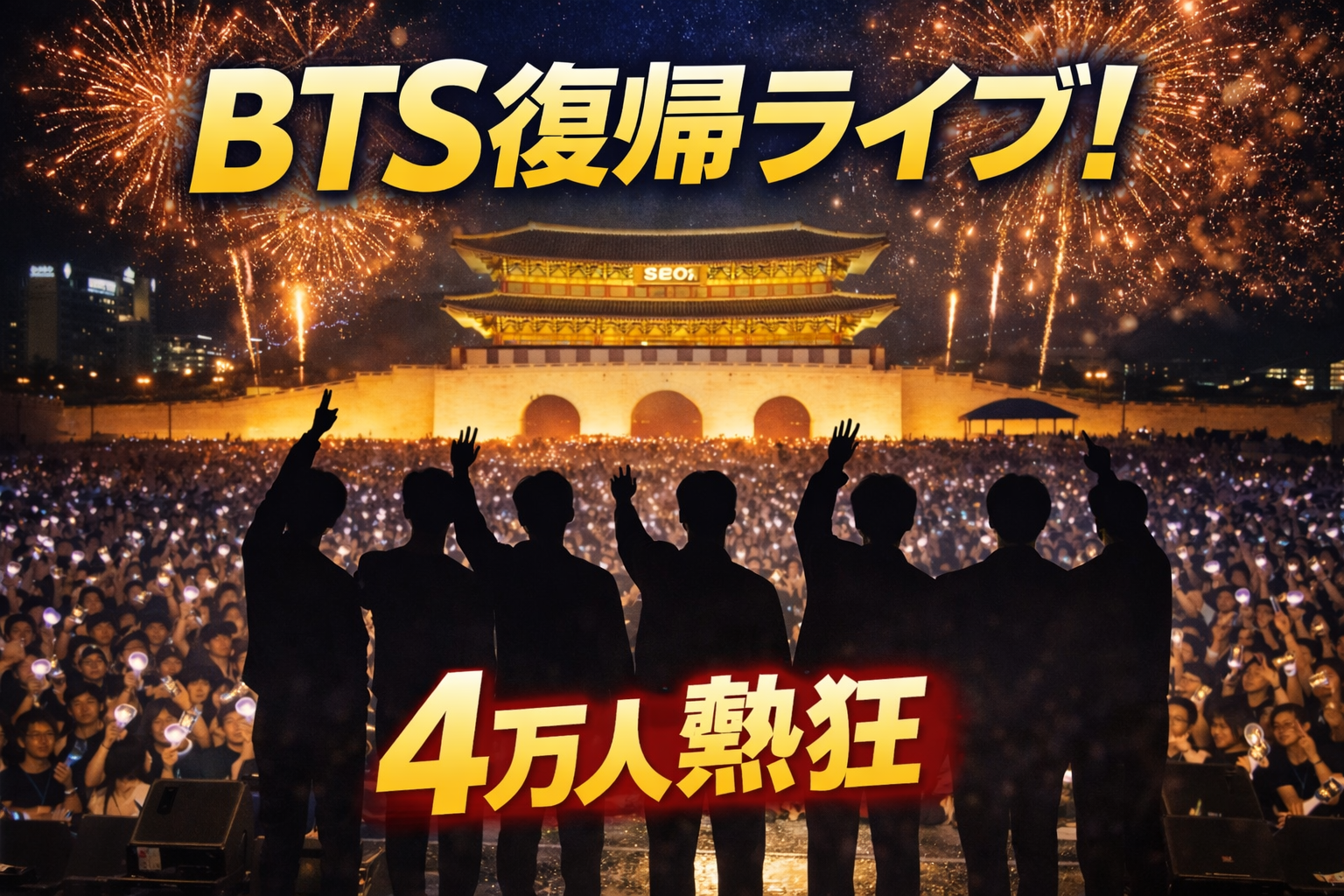 大規模な音楽ライブ会場で観客とステージを背景にシルエットの出演者が並ぶイメージ画像