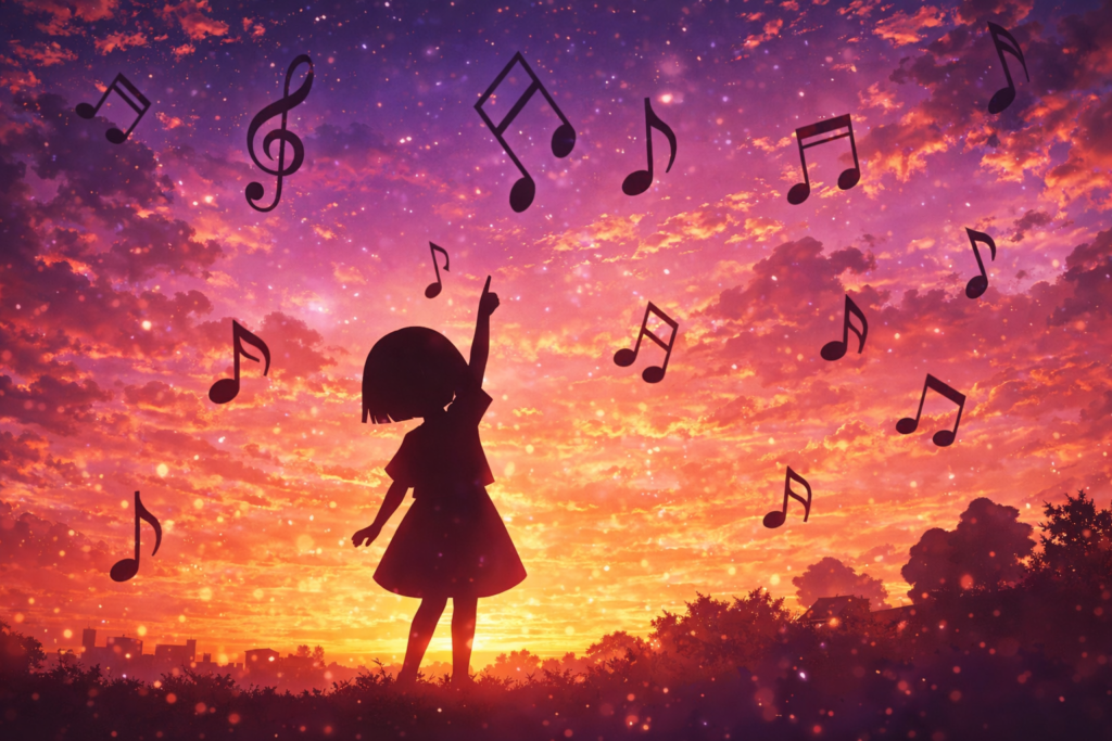 ちびまる子ちゃんのエンディングをイメージした夕方空と音楽のシルエット画像