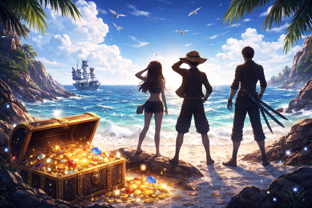 ONE PIECEの冒険と宝をイメージした海とシルエットの画像