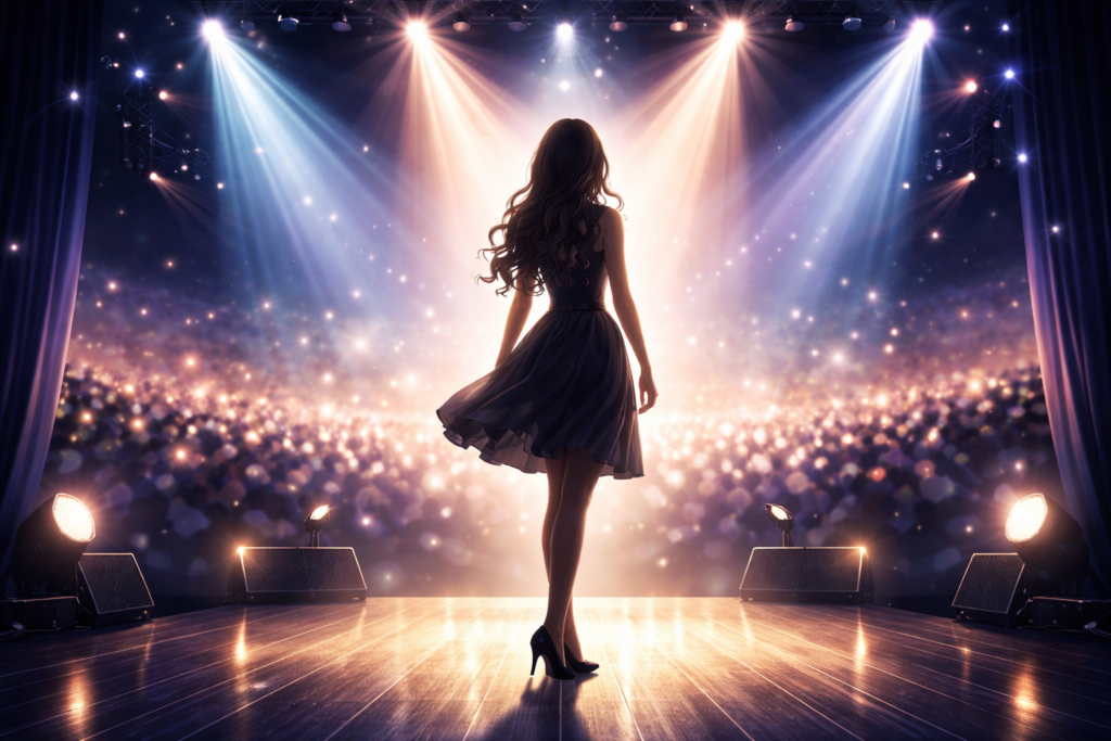 映画イベントのステージをイメージした女性シルエットとスポットライトの画像