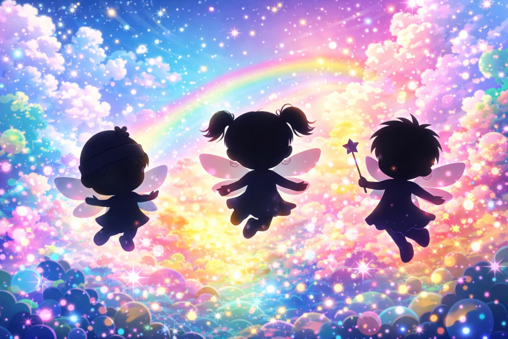 ミルモでポンをイメージした妖精とカラフルな世界のシルエット画像