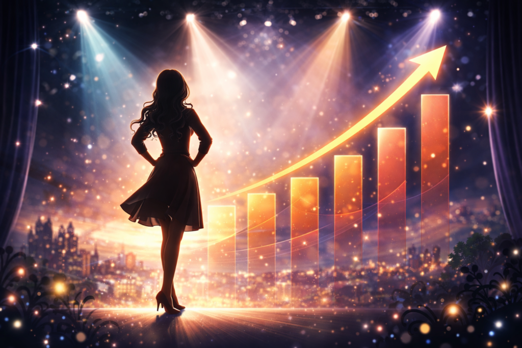 芸能活動の成功と成長をイメージした女性シルエットとグラフの画像