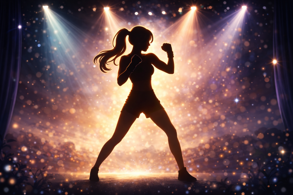 強い女性をイメージした格闘ポーズのシルエット画像