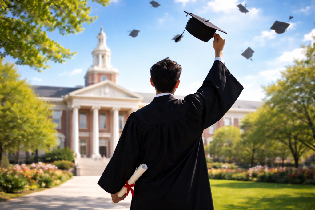 大学卒業をイメージした男性シルエットと校舎の画像