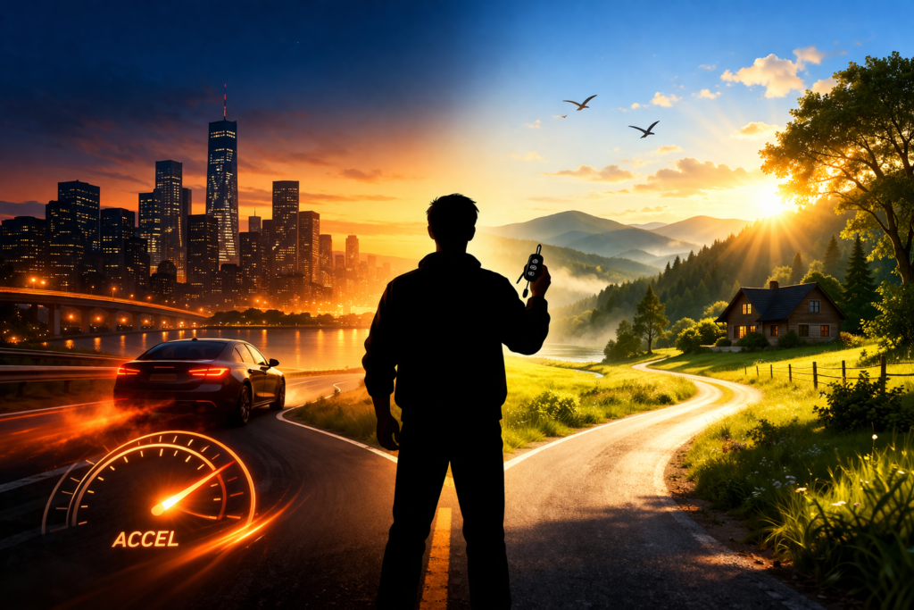 二拠点生活とアクセルの比喩をイメージしたシルエット画像