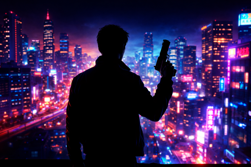 アクション映画をイメージした都会の夜景と男性シルエットの画像次の画像を作って。