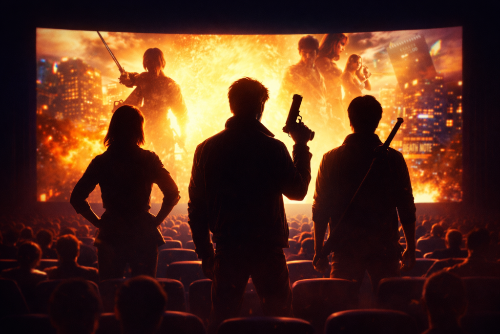 実写化映画の成功をイメージしたシネマスクリーンとアクション風シルエットの画像