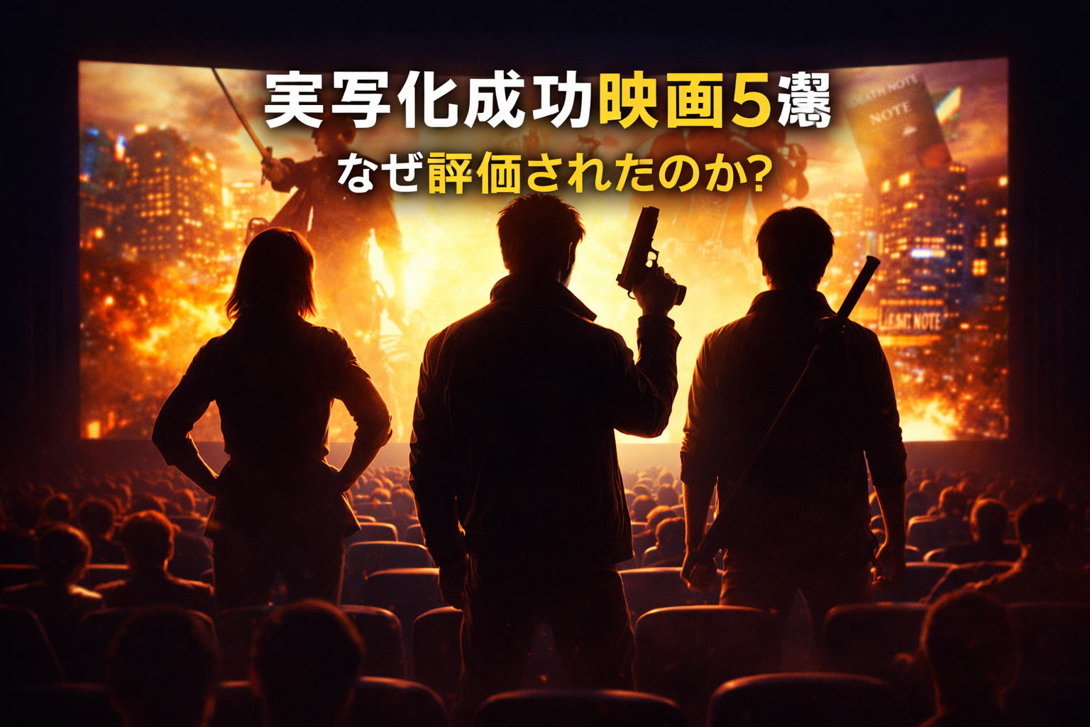 実写化成功映画5選をイメージしたシネマスクリーンとアクション風シルエットの画像