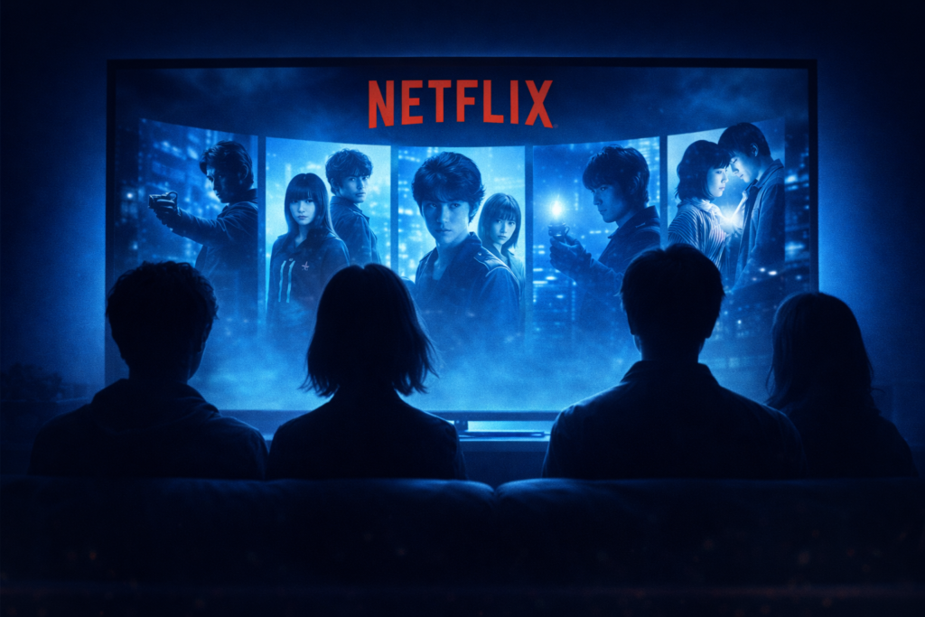 Netflix実写映画をイメージした画面と人物シルエットの画像