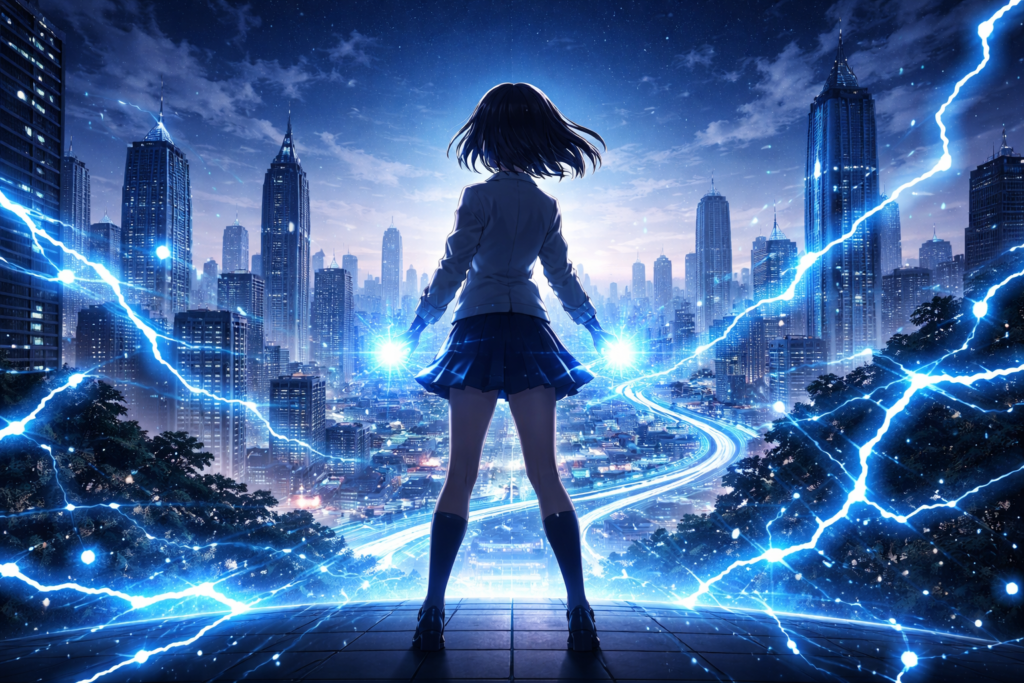 超能力バトルをイメージした学園都市と人物シルエットの画像