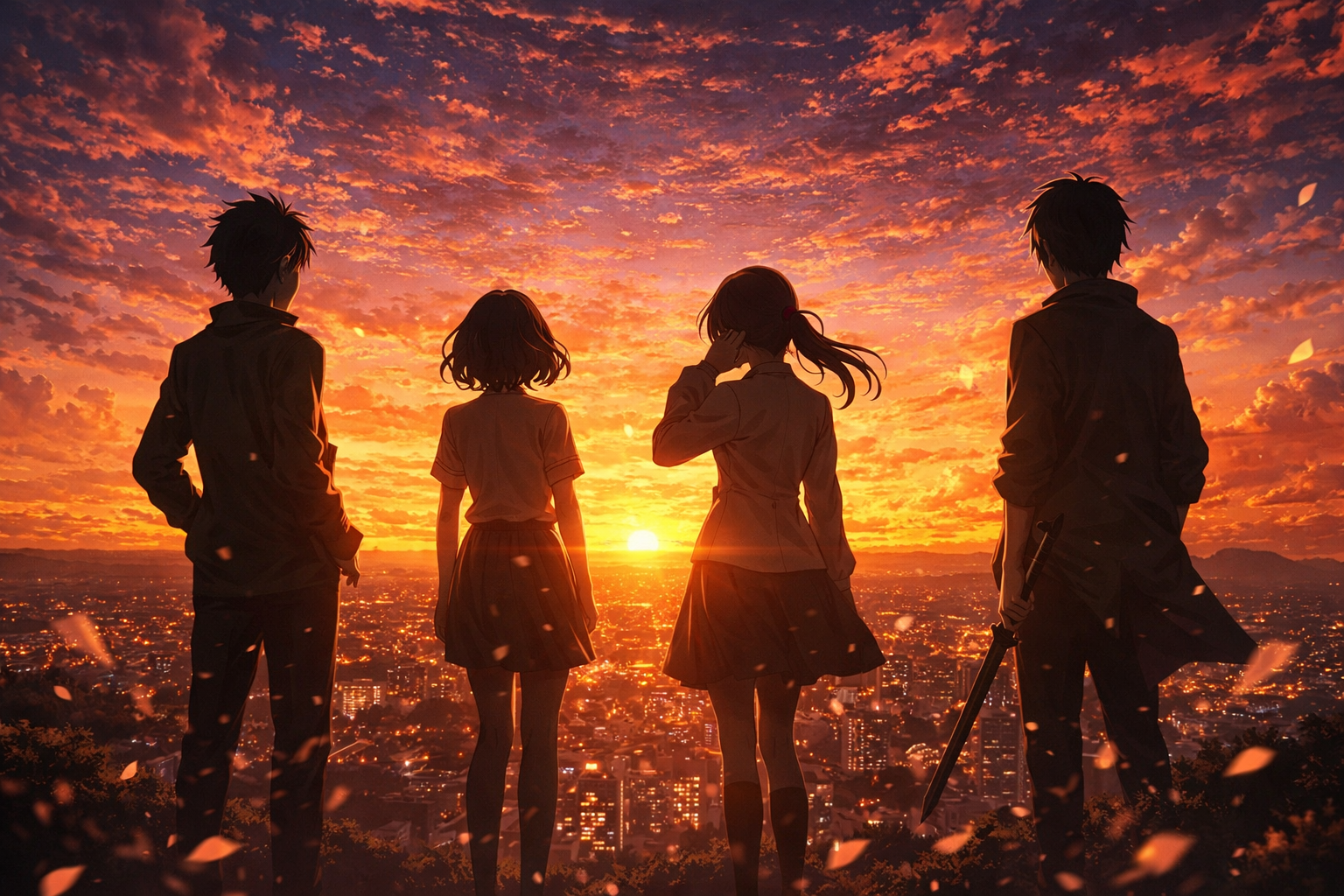 漫画完結をイメージした夕焼けと複数人物のシルエット画像