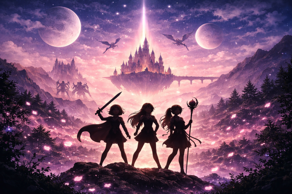 レイアース新作アニメをイメージしたファンタジー風シルエット画像