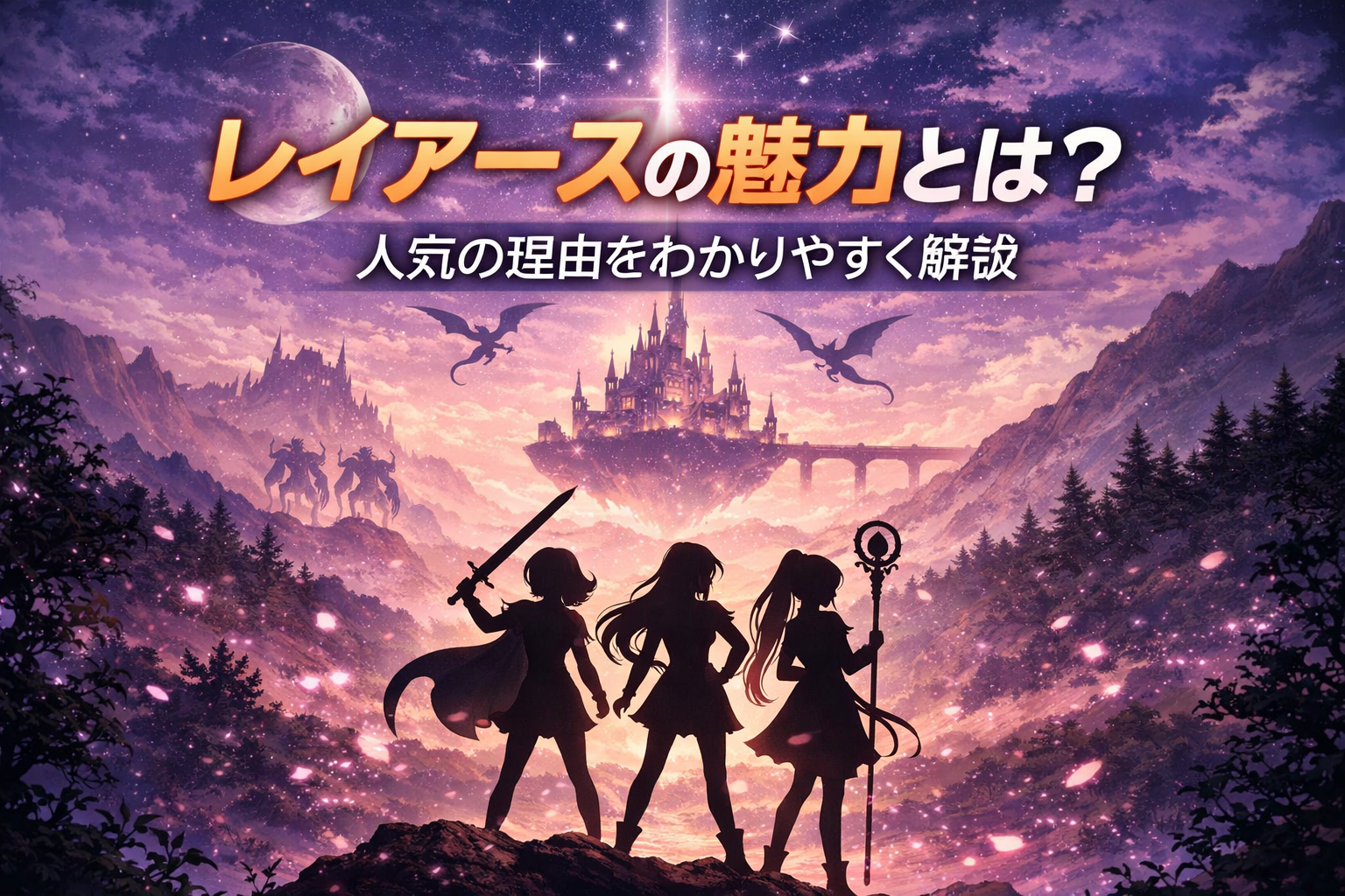 レイアースの魅力をイメージしたファンタジー世界の少女3人のシルエット画像