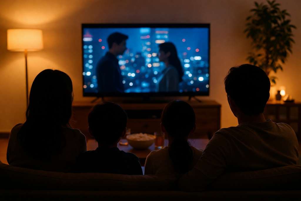 ドラマを視聴する家族のシルエットとテレビ画面の光をイメージした画像