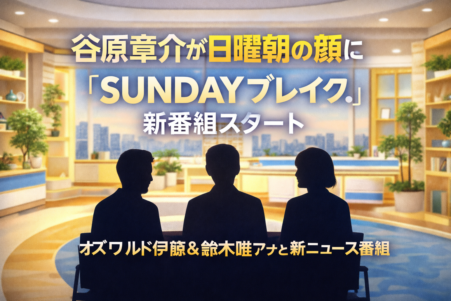 テレビスタジオ風の背景に3人の人物シルエットが並び、「谷原章介が日曜朝の顔に『SUNDAYブレイク.』新番組スタート」と書かれたニュース記事用アイキャッチ画像。