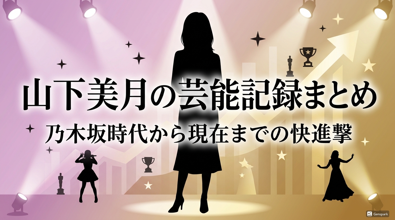 山下美月の芸能記録まとめを紹介するアイキャッチ画像。スポットライトの中に立つ女性シルエットと、グラフやトロフィーのアイコンを背景に「乃木坂時代から現在までの快進撃」と書かれたデザイン