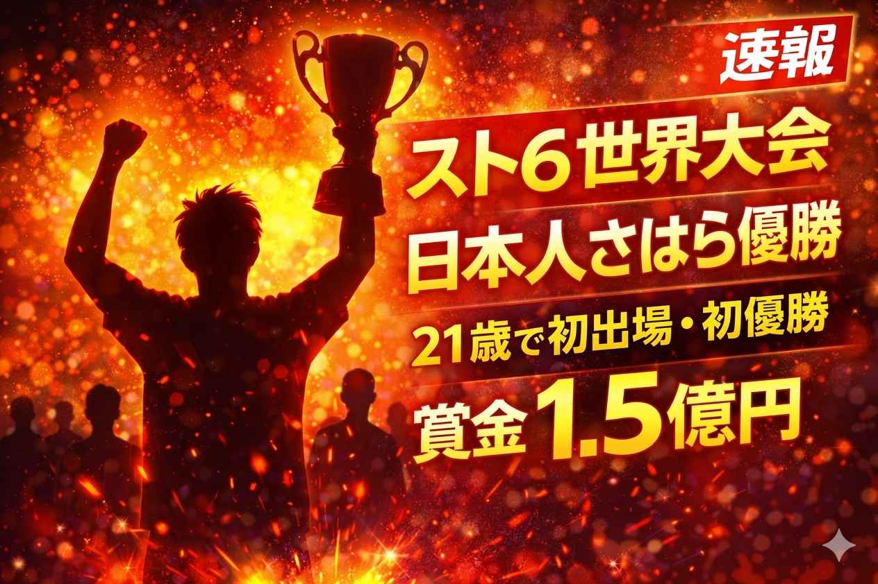 ストリートファイター6世界大会で日本人さはらが優勝したニュース記事のアイキャッチ。トロフィーを掲げるプレイヤーのシルエットと「スト6世界大会 日本人さはら優勝」「賞金1.5億円」と大きく表示されたデザイン。