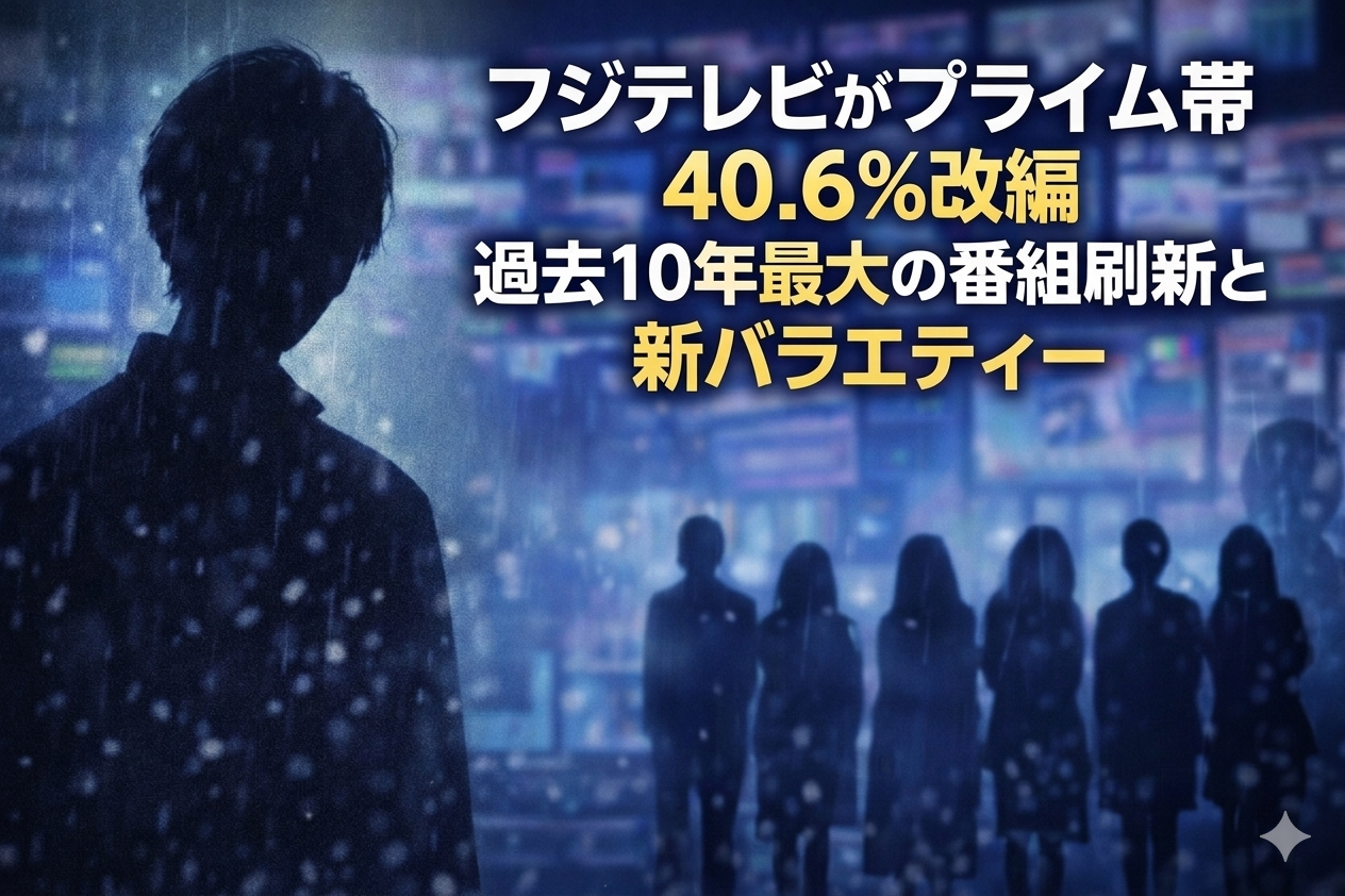 フジテレビがプライム帯40.6％改編を発表したニュースを示すアイキャッチ。テレビ局のモニター画面を背景に人物シルエットと「過去10年最大の番組刷新」「新バラエティ一覧」と書かれたデザイン。