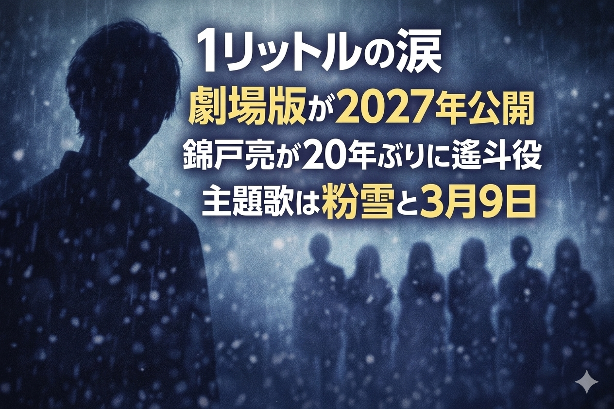 映画『1リットルの涙』劇場版2027年公開を伝えるニュースアイキャッチ。雨と雪の背景に人物シルエットと「錦戸亮が20年ぶり出演」「主題歌は粉雪と3月9日」と書かれたデザイン。
