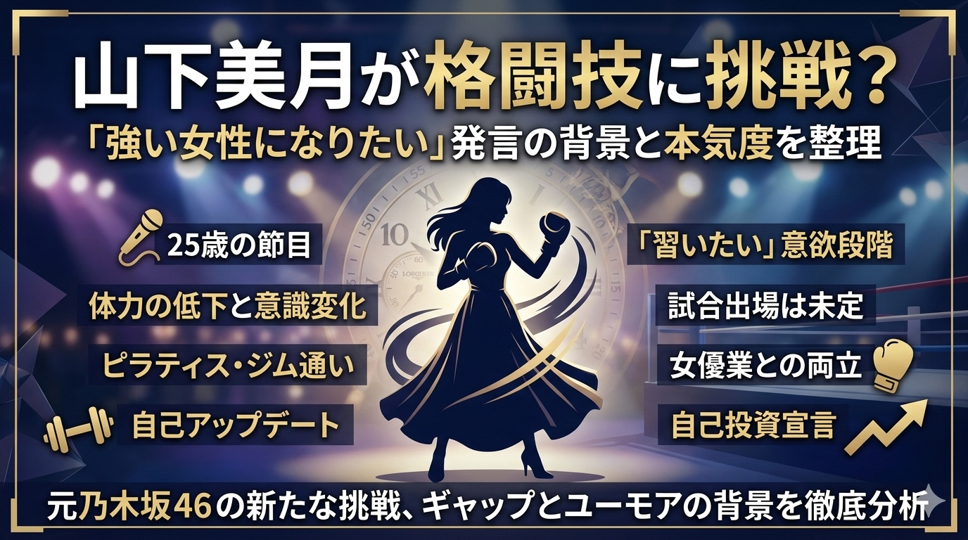 山下美月の格闘技挑戦発言を解説するアイキャッチ画像。ボクシンググローブを着けた女性のシルエットと「25歳の節目」「試合出場は未定」などのキーワードが配置されたデザイン