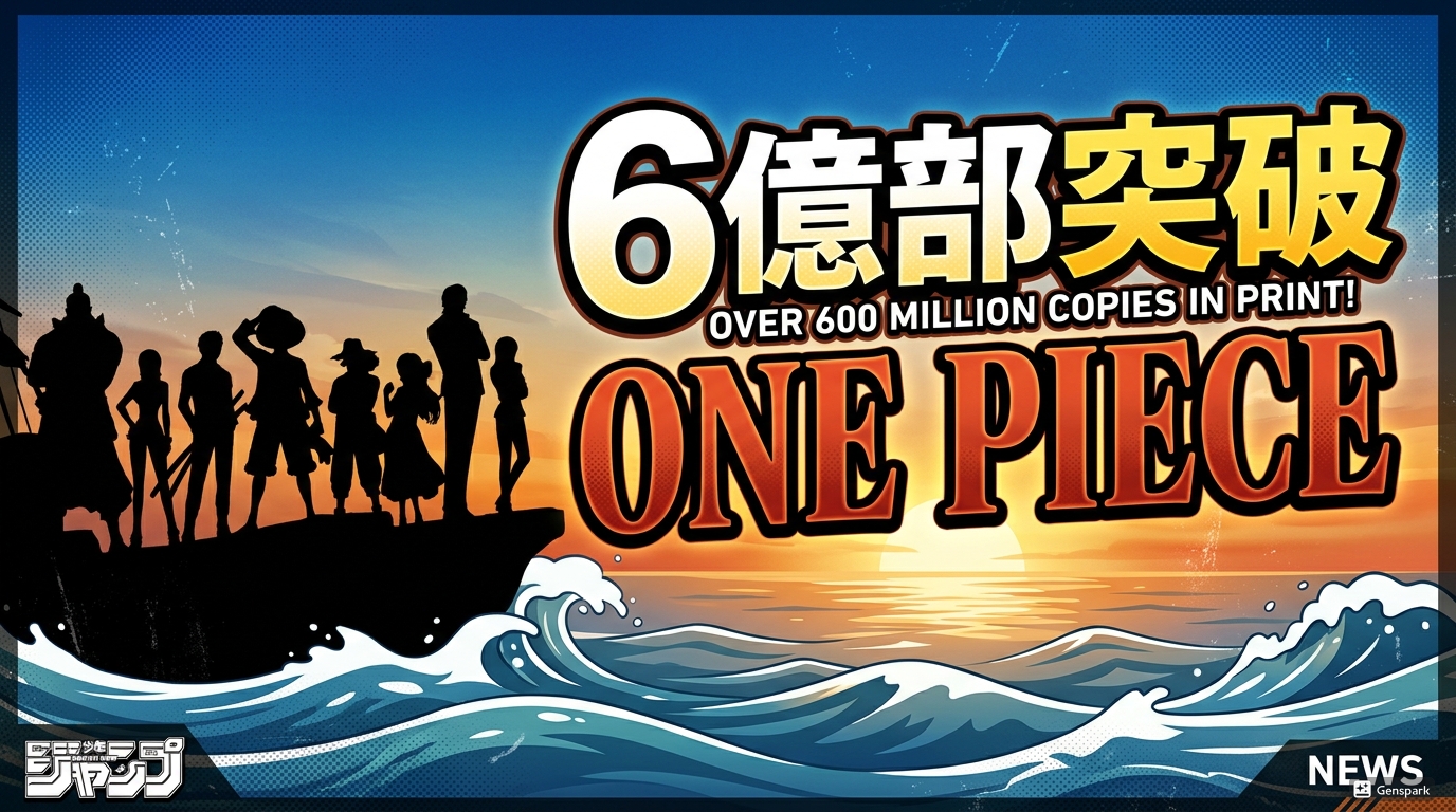 夕焼けの海を背景に麦わらの一味のシルエットが船上に立ち、「6億部突破」「ONE PIECE」と大きく表示された記念ニュース風アイキャッチ画像