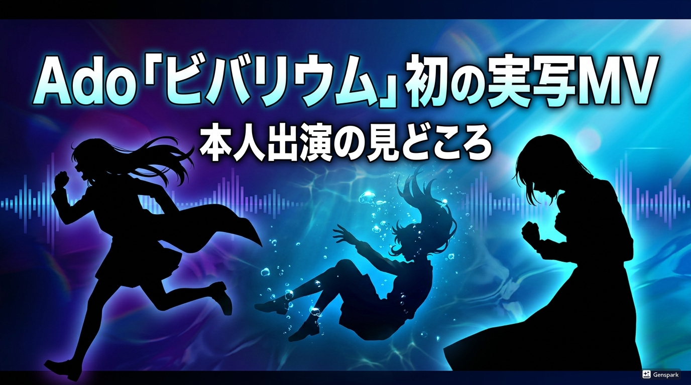 Ado「ビバリウム」初の実写MVの見どころを紹介するアイキャッチ画像。青い光の背景に走る・水中・うつむく人物のシルエットとタイトル文字