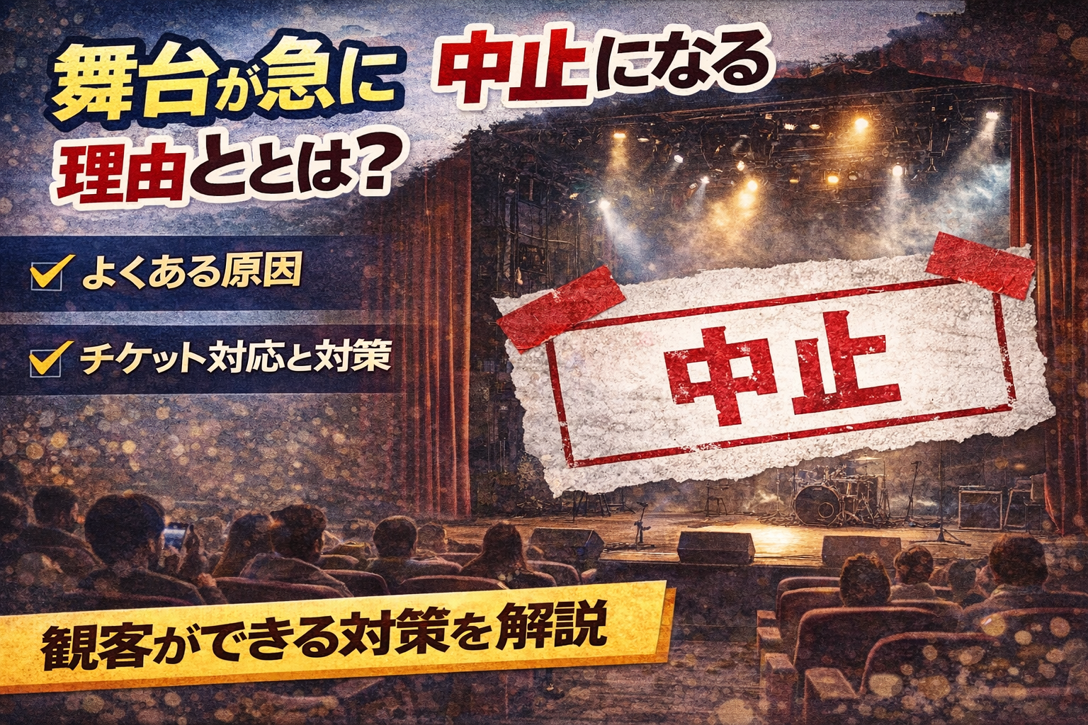 舞台が急に中止になる理由を解説するイメージ画像。劇場と観客席、中止の文字でトラブルや対応を表現している