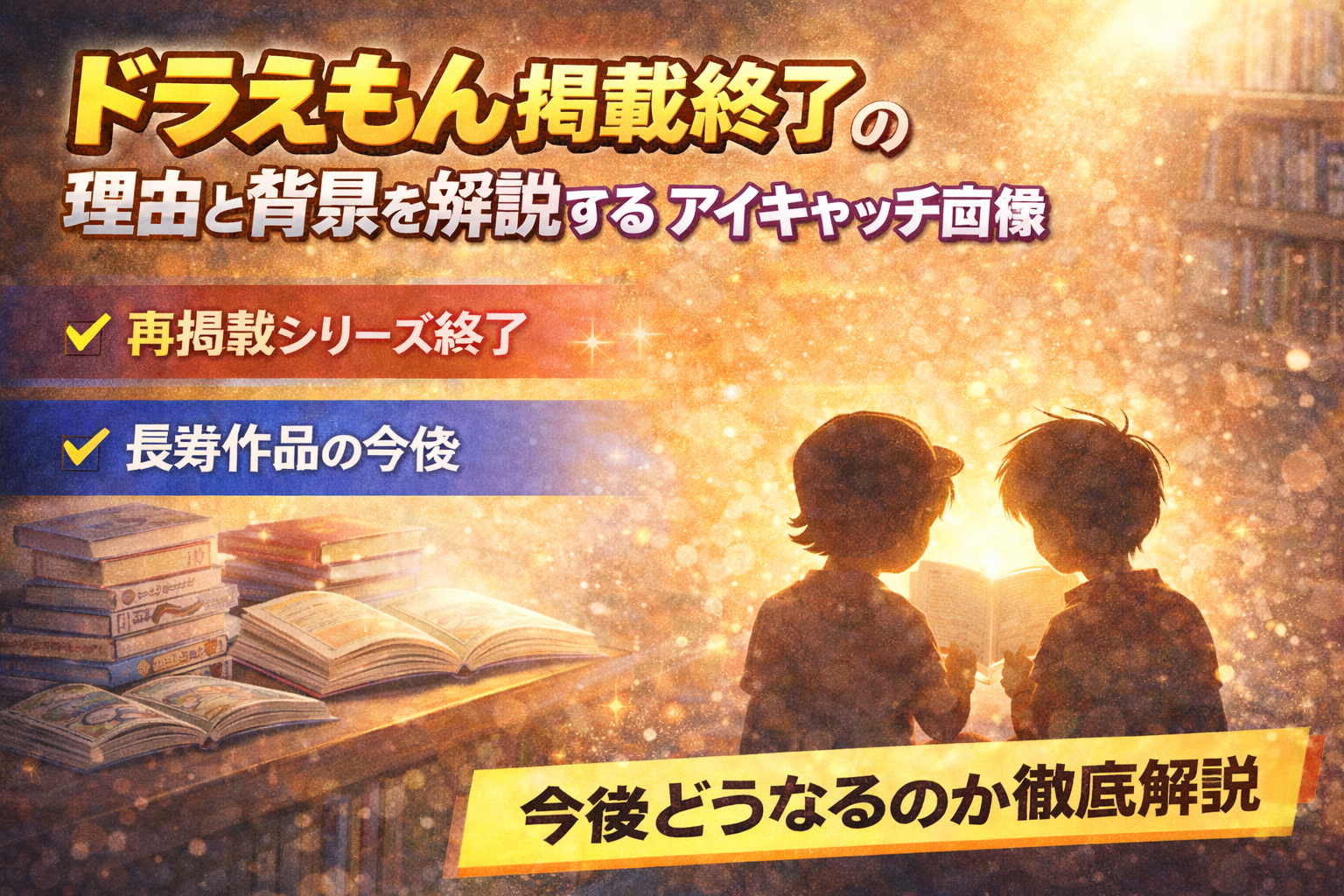 ドラえもん掲載終了が話題となった理由を解説するイメージ画像。漫画と子どもたちの関係性や長寿作品の変化を表現している