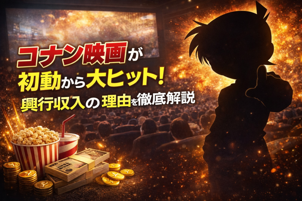 映画館の観客と少年のシルエットでコナン映画の初動ヒットを表現したアイキャッチ画像