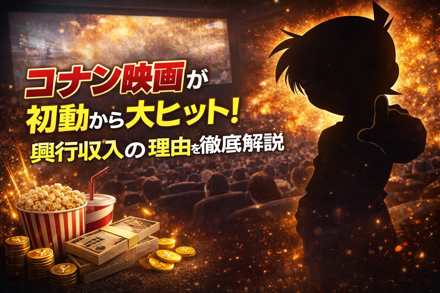 映画館の観客と少年のシルエットでコナン映画の初動ヒットを表現したアイキャッチ画像