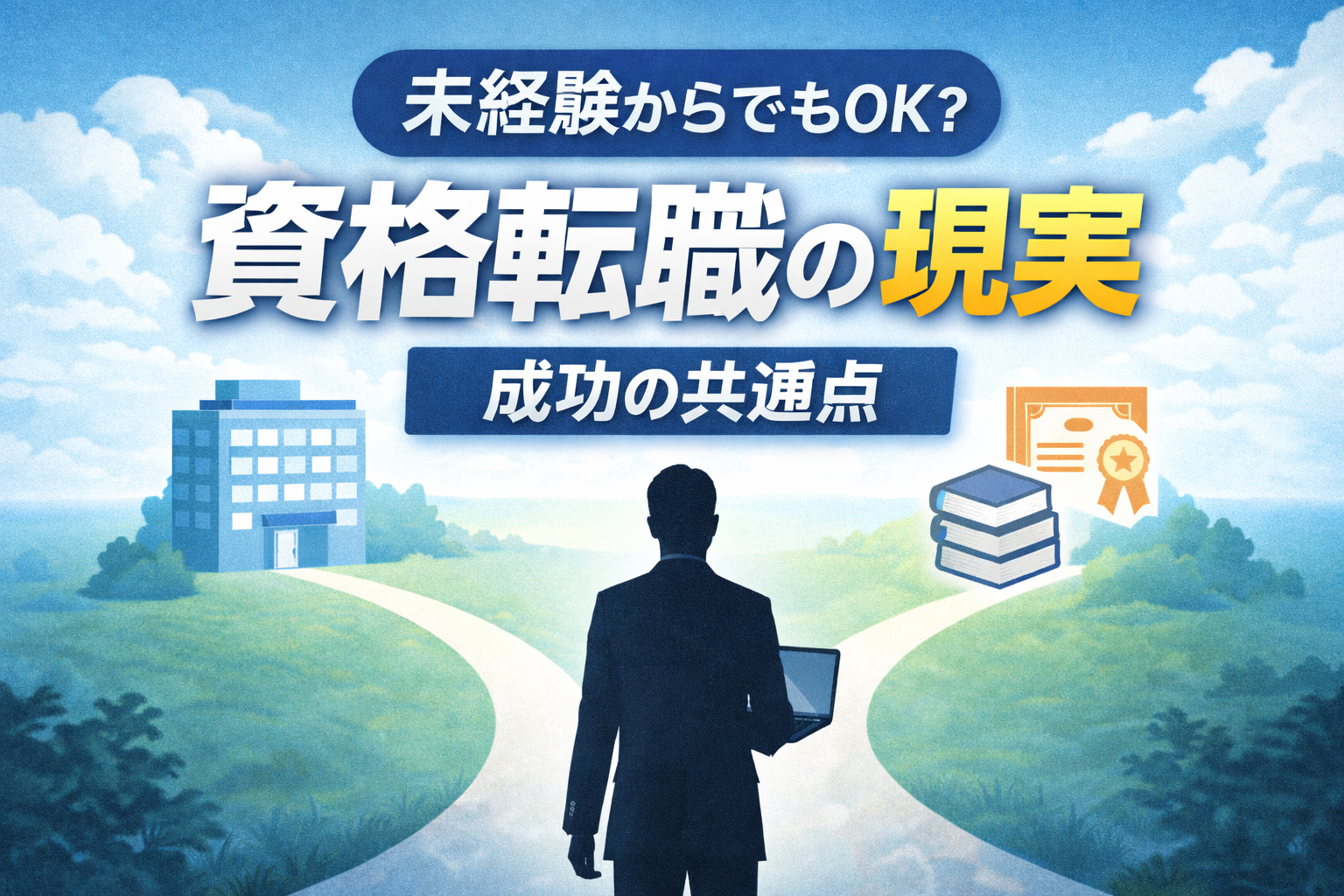 キャリアの分かれ道に立つ人物のシルエットと、会社員と資格職を象徴するアイコンで転職の選択を表現したイメージ画像