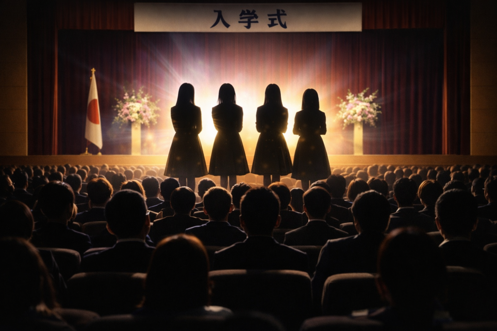 入学式の会場でステージに立つ人物と観客の様子を表現したシルエットイメージ