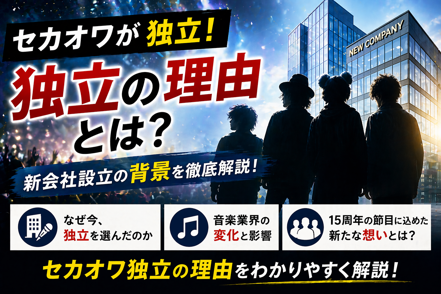 アーティストの独立をテーマにした新会社ビルとバンドのシルエットが描かれたイメージ画像