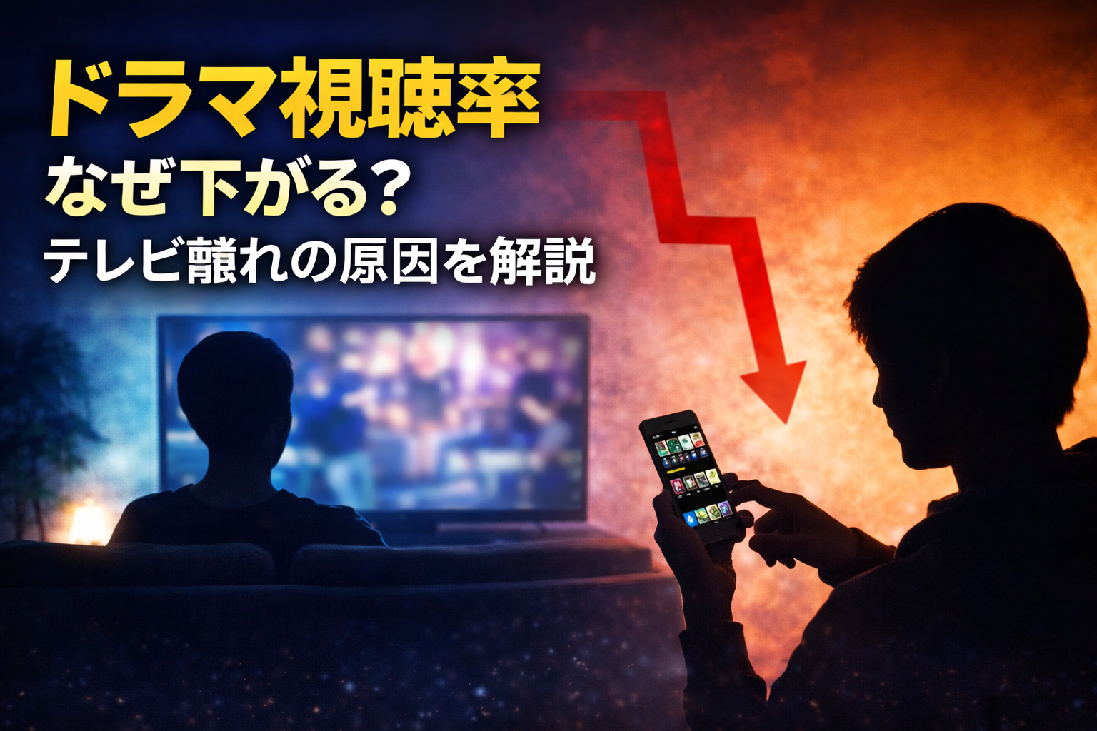 テレビ視聴とスマホ視聴の違いをシルエットで表現しドラマ視聴率低下の理由を示したアイキャッチ画像