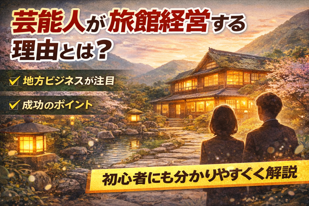 芸能人が旅館経営する理由を解説するイメージ画像。温泉旅館と人物シルエットで地方ビジネスの魅力を表現