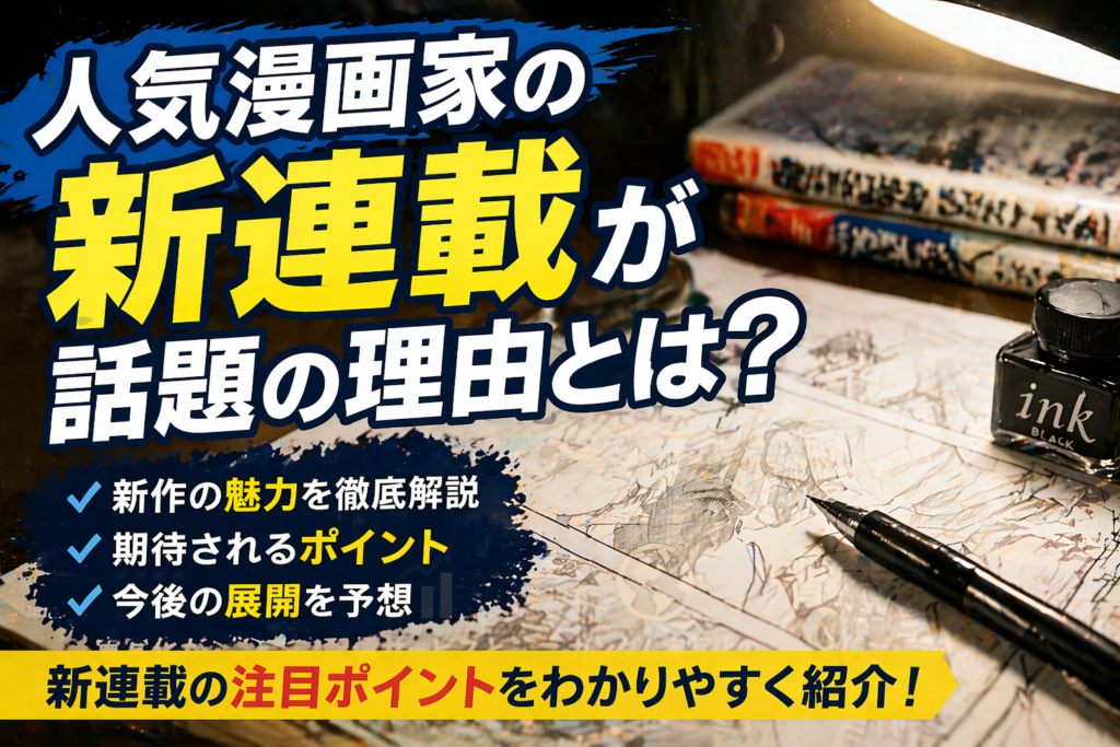 人気漫画家の新連載をテーマにした漫画原稿とペン、インクの制作風景イメージ画像