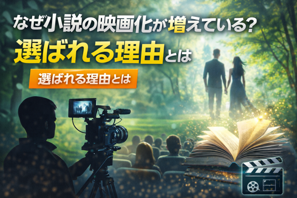 小説の映画化が増える理由をテーマにした自然背景と人物シルエットのイメージ画像