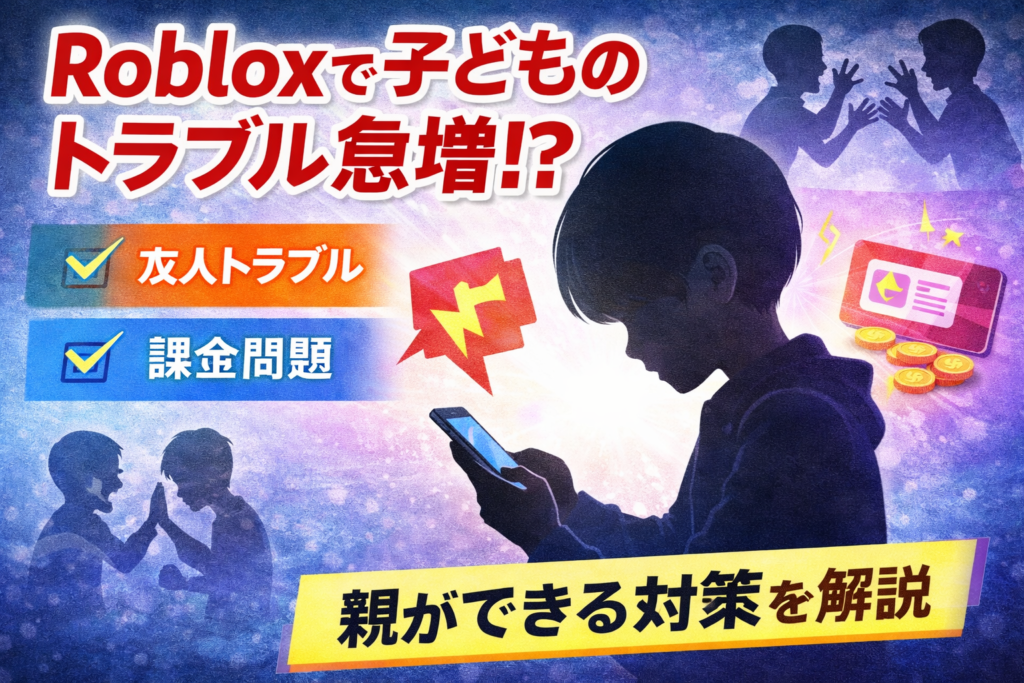 Robloxで子どものトラブルをテーマにしたイメージ画像。スマホを見つめる子どもと、友人関係や課金問題のリスクを表現している