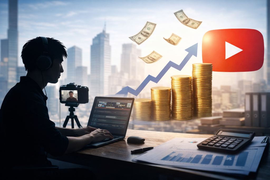 YouTuberの収益イメージ｜動画撮影と編集、広告収入で収益が伸びる様子