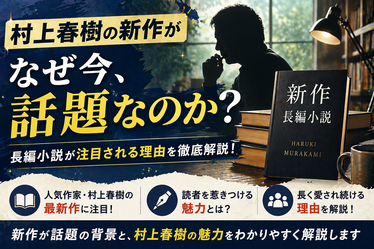村上春樹の新作長編小説が話題になっている背景を表現した読書風景と人物シルエットのイメージ画像