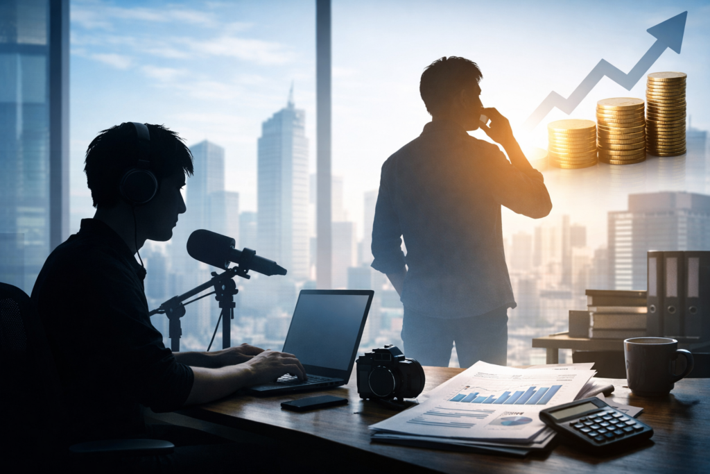 YouTuberとビジネスをイメージした人物シルエット