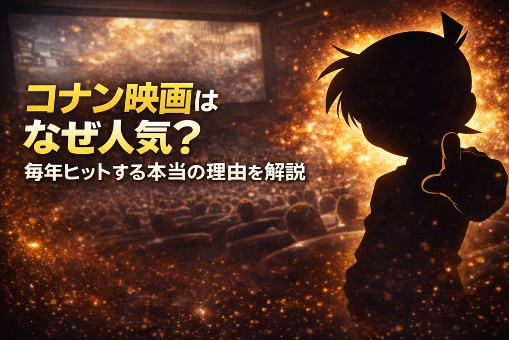 コナン映画がなぜ人気なのかを解説するシルエットデザインのアイキャッチ画像