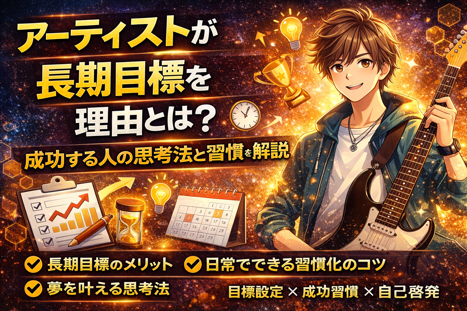 アーティストが長期目標を持つ理由を解説するアイキャッチ画像。ギターを持つ人物イラストと、目標設定や成功習慣を表すアイコン、「長期目標の理由とは？」などのテキストが配置されている。