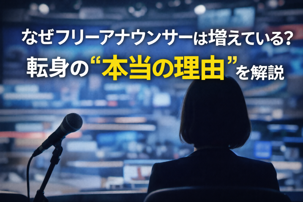 フリーアナウンサー増加の理由を解説する記事の文字デザインアイキャッチ画像